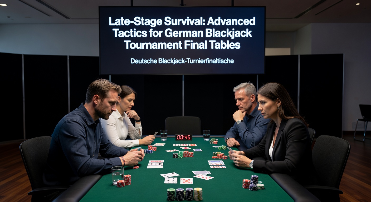 Spieler am Finaltisch eines Blackjack-Turniers in Deutschland, konzentriert auf Chips und Karten