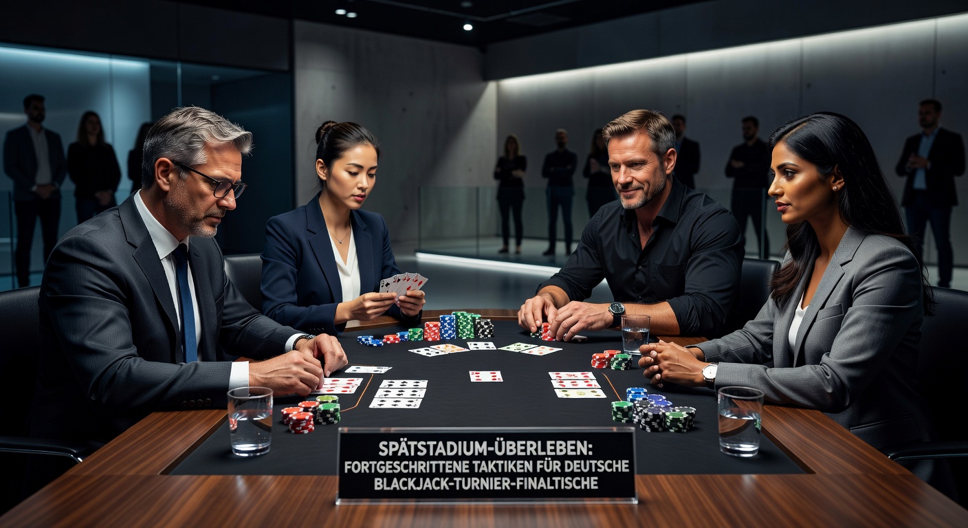 Nahaufnahme eines Blackjack-Finaltischs mit Chips-Stacks und konzentrierten Spielern in einem deutschen Casino