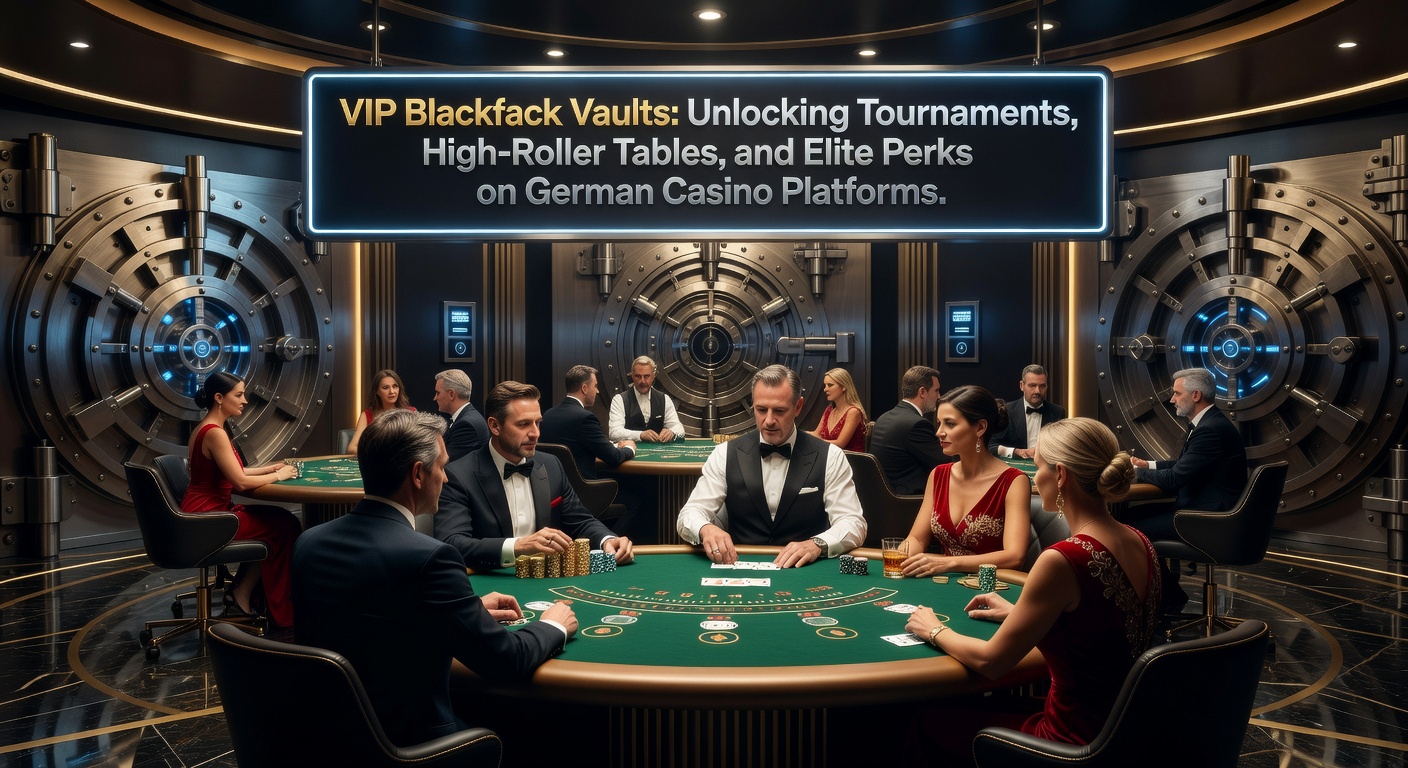 Ein elegantes VIP-Blackjack-Turnier mit High-Roller-Spielern an polierten Tischen in einem digitalen Casino